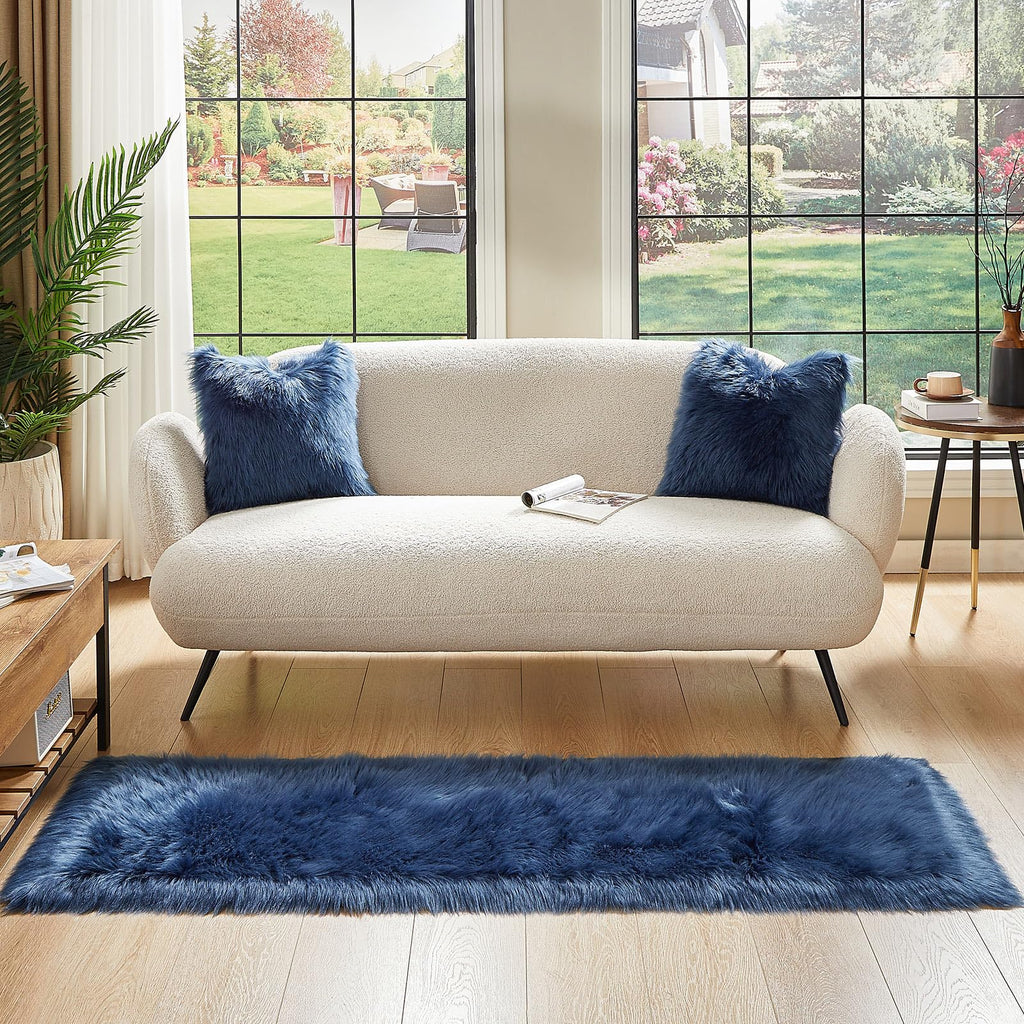 AMTOVO Faux Fur Rug, Dark Blue Ultra Soft Fluffy Shag Sheepskin Rug, 2 x 6 ft Runner Area Rugs for Bedroom Sofa Throw Cushion Room Decor, Rectangle