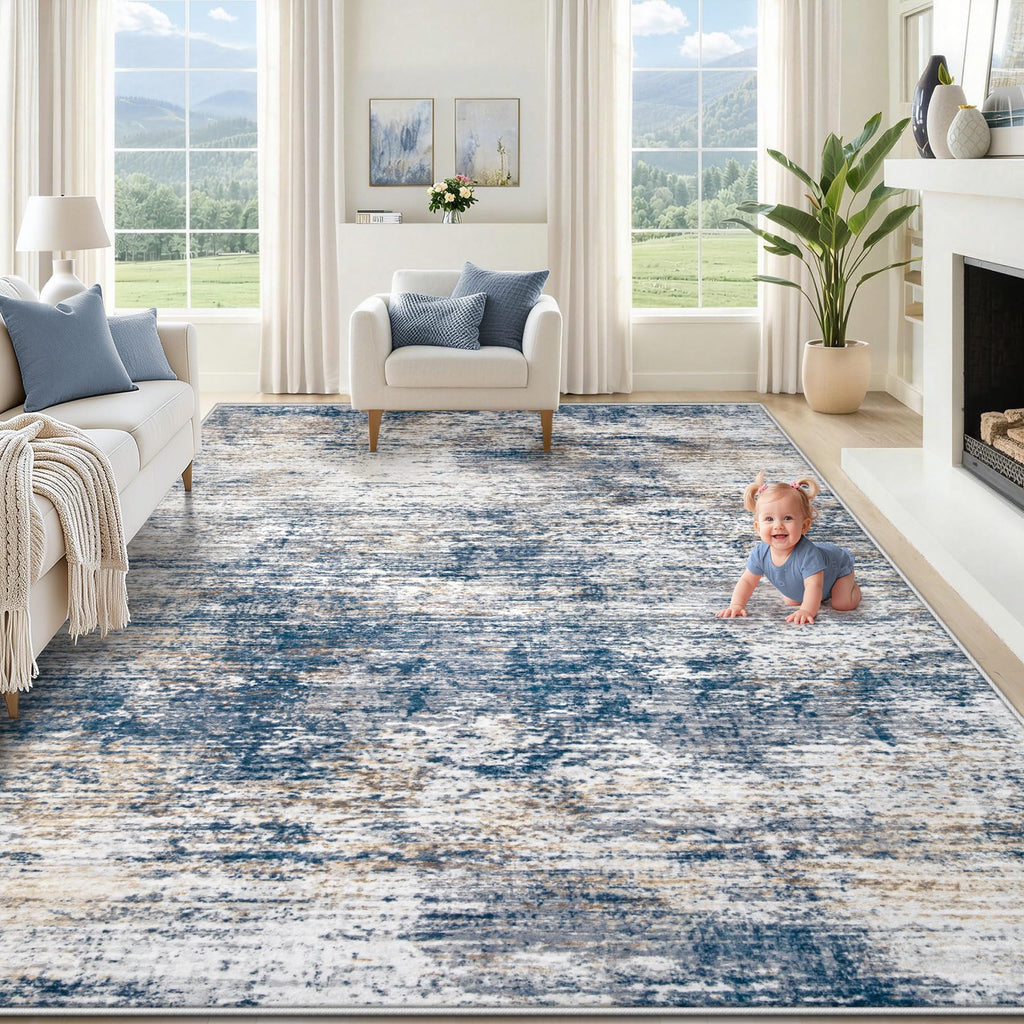 XLUEZ 9x12 Area Rug for Living Room, Washable Modern Abstract Large Area Rug Neutral Soft Non Slip Kids Rug Stain Resistant Indoor Carpet for Bedroom Dining Room Playroom Office(BlueWhite, 9'x12')