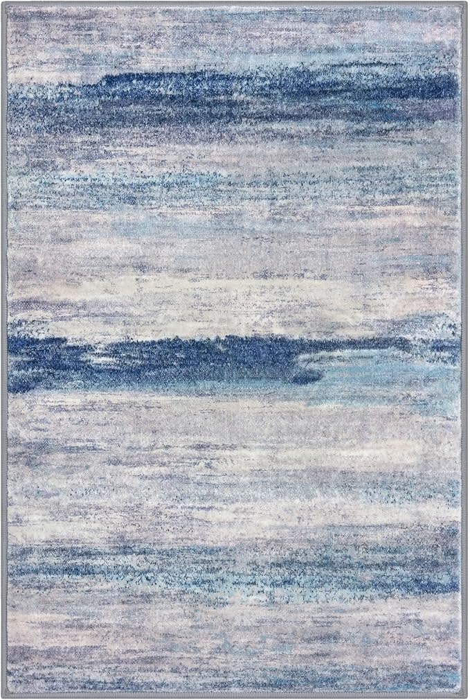KOZYFLY 3x5 Rug Modern Ombre Living Room Area Rug, Washable Rugs for Bedroom Non-Slip Soft Stain Resistant Striped, Print Blue/Grey/Beige Abstract Carpet for Living/Laundry/Kid Room