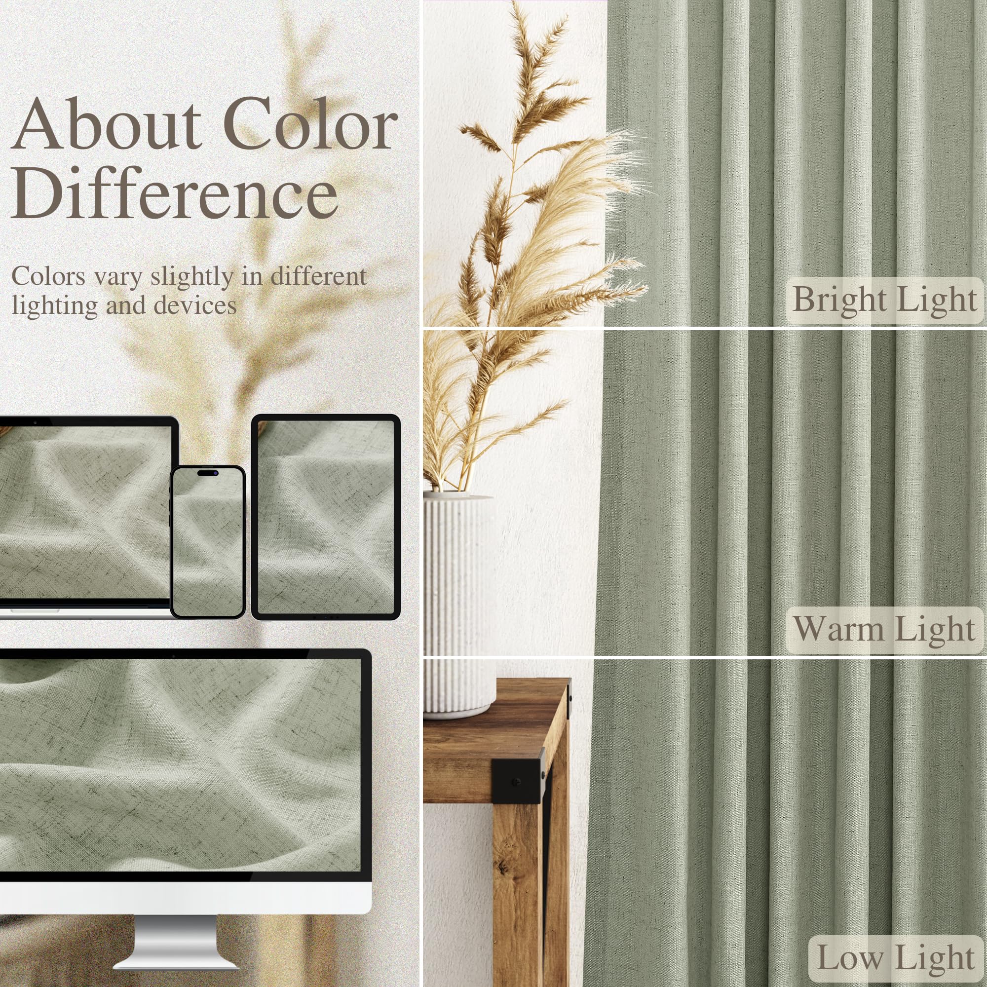 Sage Curtains 90 inches Long 2 panels for Living Room Back Tab Rod Pocket Semi Sheer Linen Draperies Muted Neutral Sage Green Room Decor Earth Tone Pale Green Curtains for Diningroom Bedroom Office