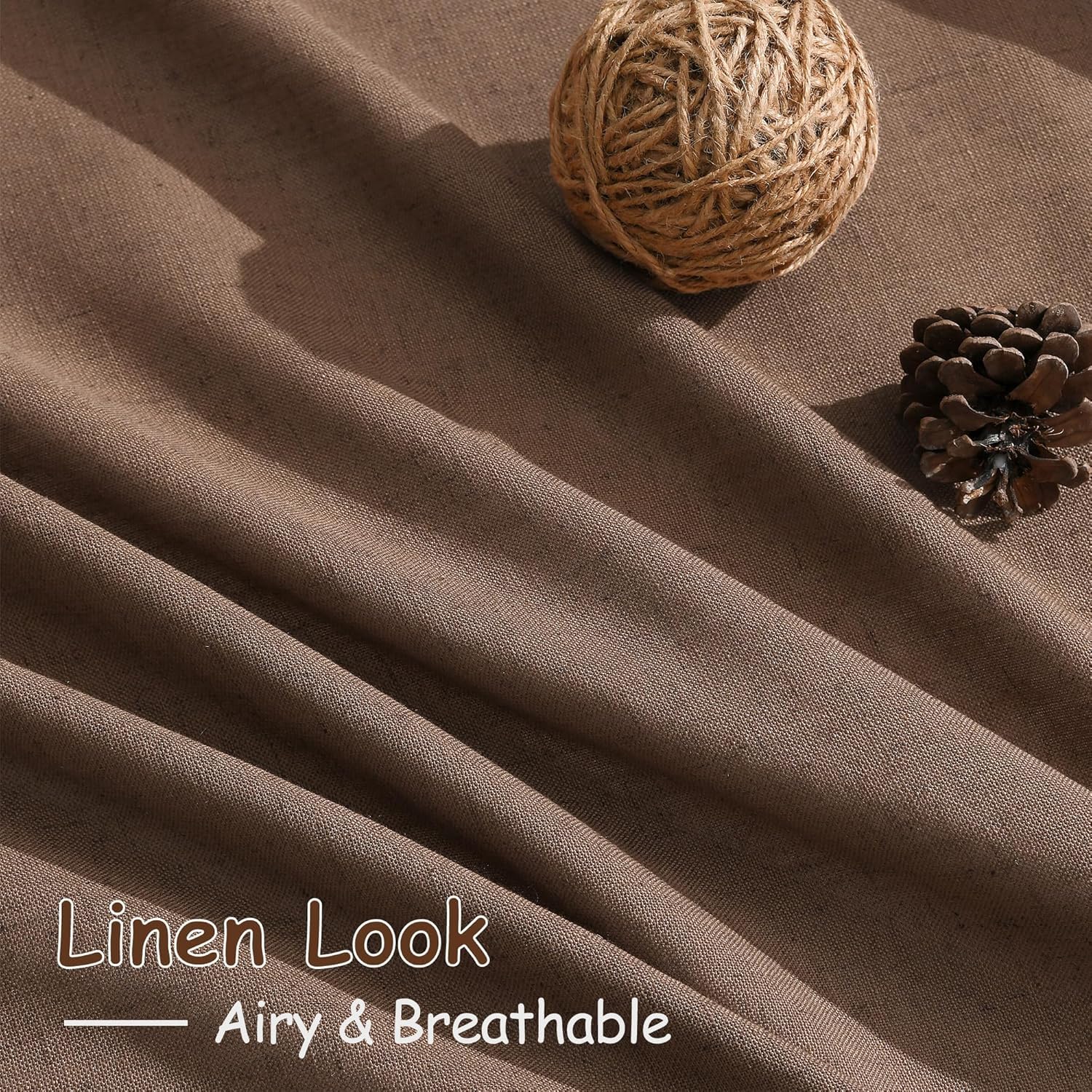 Nanspring Caramel Brown Linen Curtains for Living Room 92 Inches Long Back Tab Light Filtering Semi Sheer Vintage Rustic Curtain Luxury Boho Decor Drapes for Bedroom Office 52x92, 2 Panels