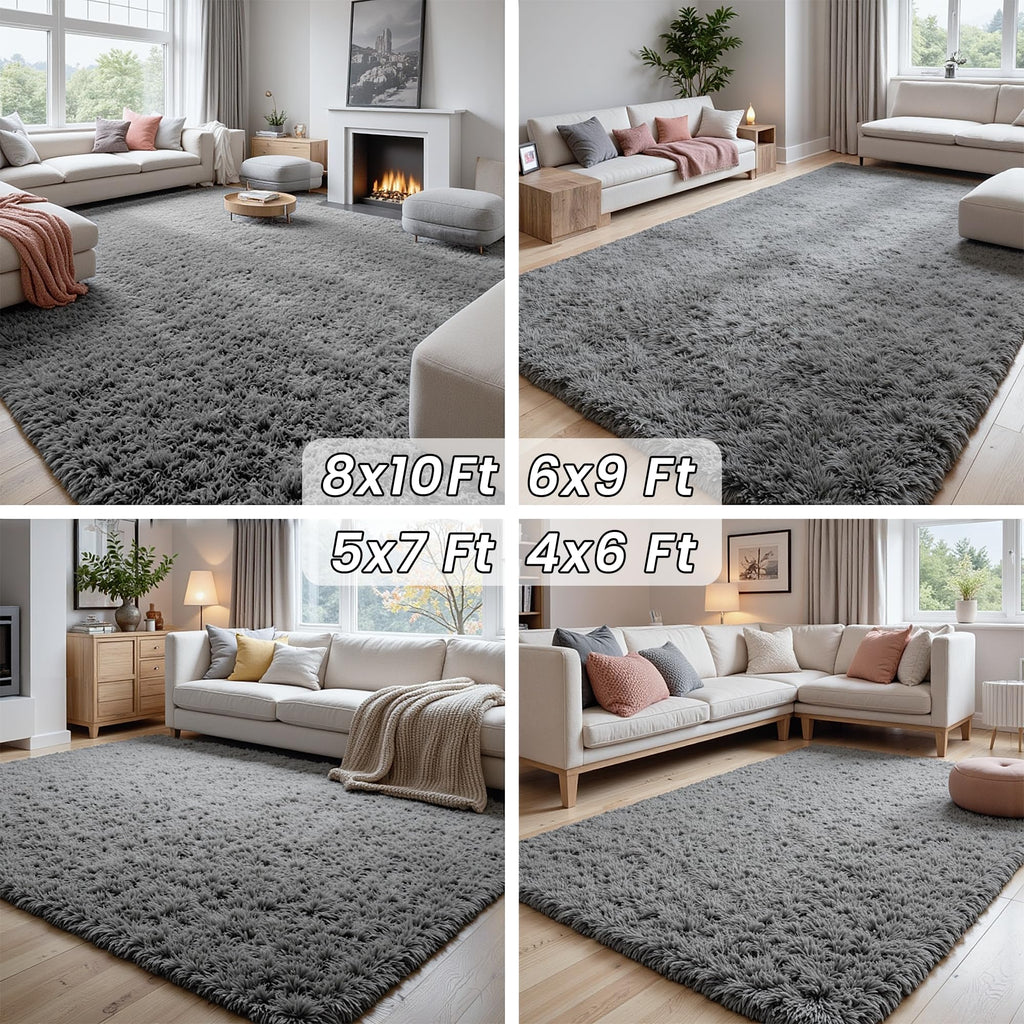 8x10 Fluffy Shag Area Rugs for Living Room Bedroom: Soft Carpet Light Gray