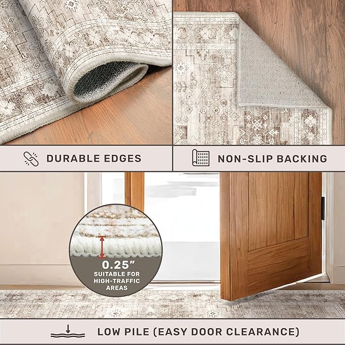 Hazo Haus Boho 2x7 Long Runner, Neutral Farmhouse Hallway Rug, Small Throw Runners for Bedroom, Bathroom, Kitchen, Vintage Floral Decor & Non-Slip Low-Pile Washable Stain Resistant, Latte Beige