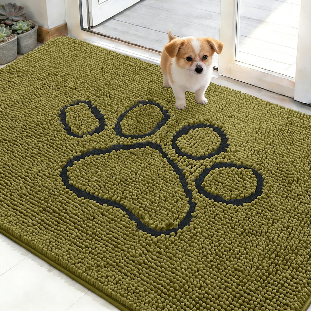 OLANLY Dog Door Mat for Muddy Paws 48x30, Paw Print Design Chenille Mud Mat
