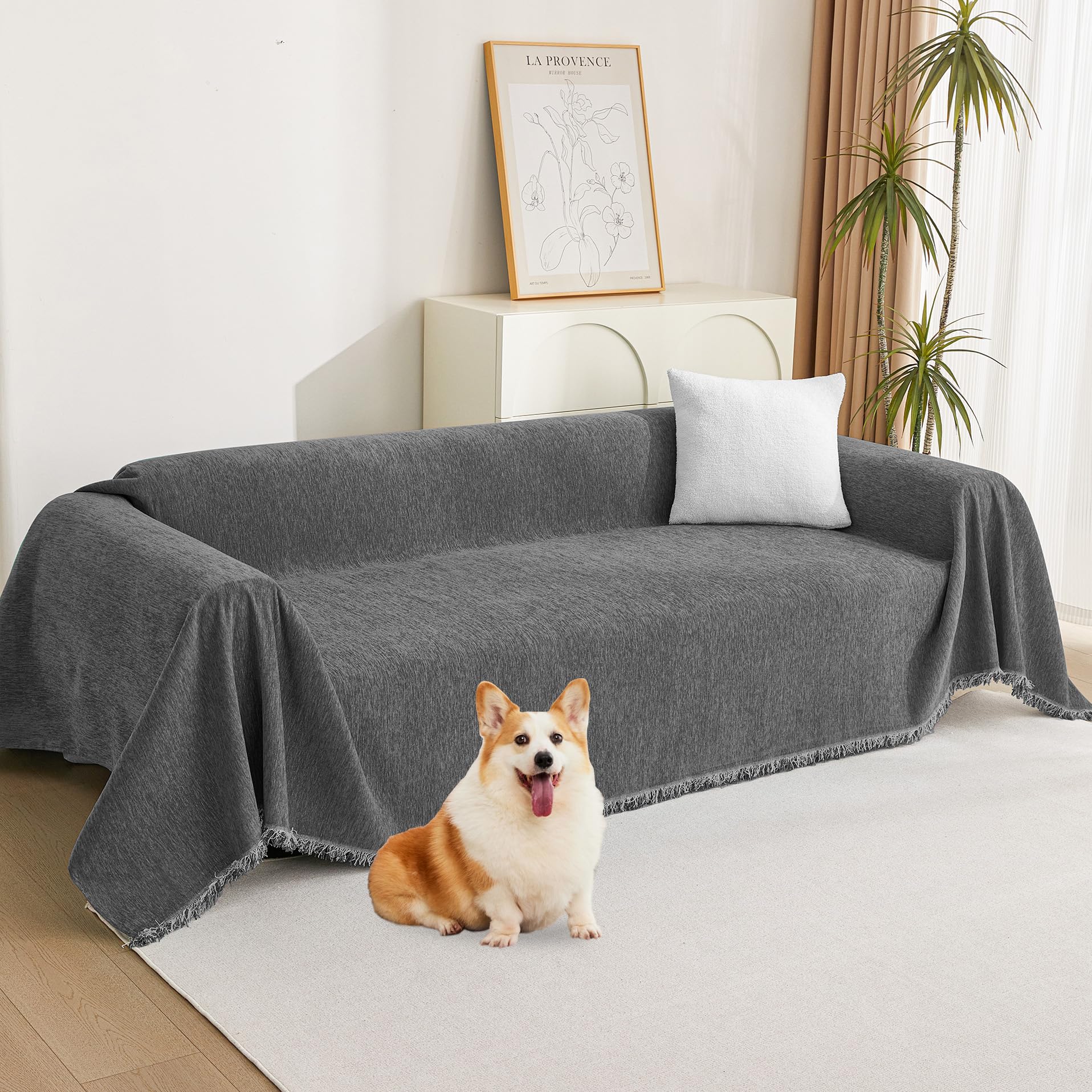 MYSKY HOME Boho Couch Cover Charcoal Gray Sofa Covers with Tassel Farmhouse Sofa Slipcover Simple Couch Protector for Dogs Chenille Sectional Couch Covers L Shaped Couch Cushion Covers, 91"x 134"