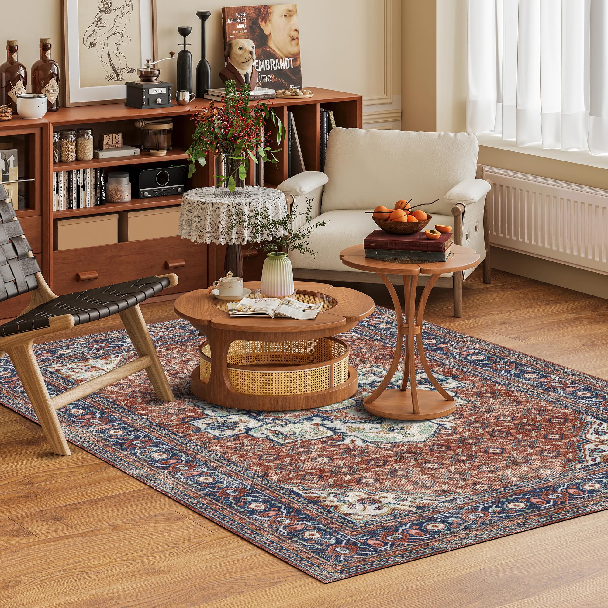 Washable Area Rug 8' x 10' Vintage Traditional Persian Mat - Foldable Distressed Non-Slip Machine Washable Carpet for Living Room Bedroom Kitchen Home Decor - Terracotta and Navy