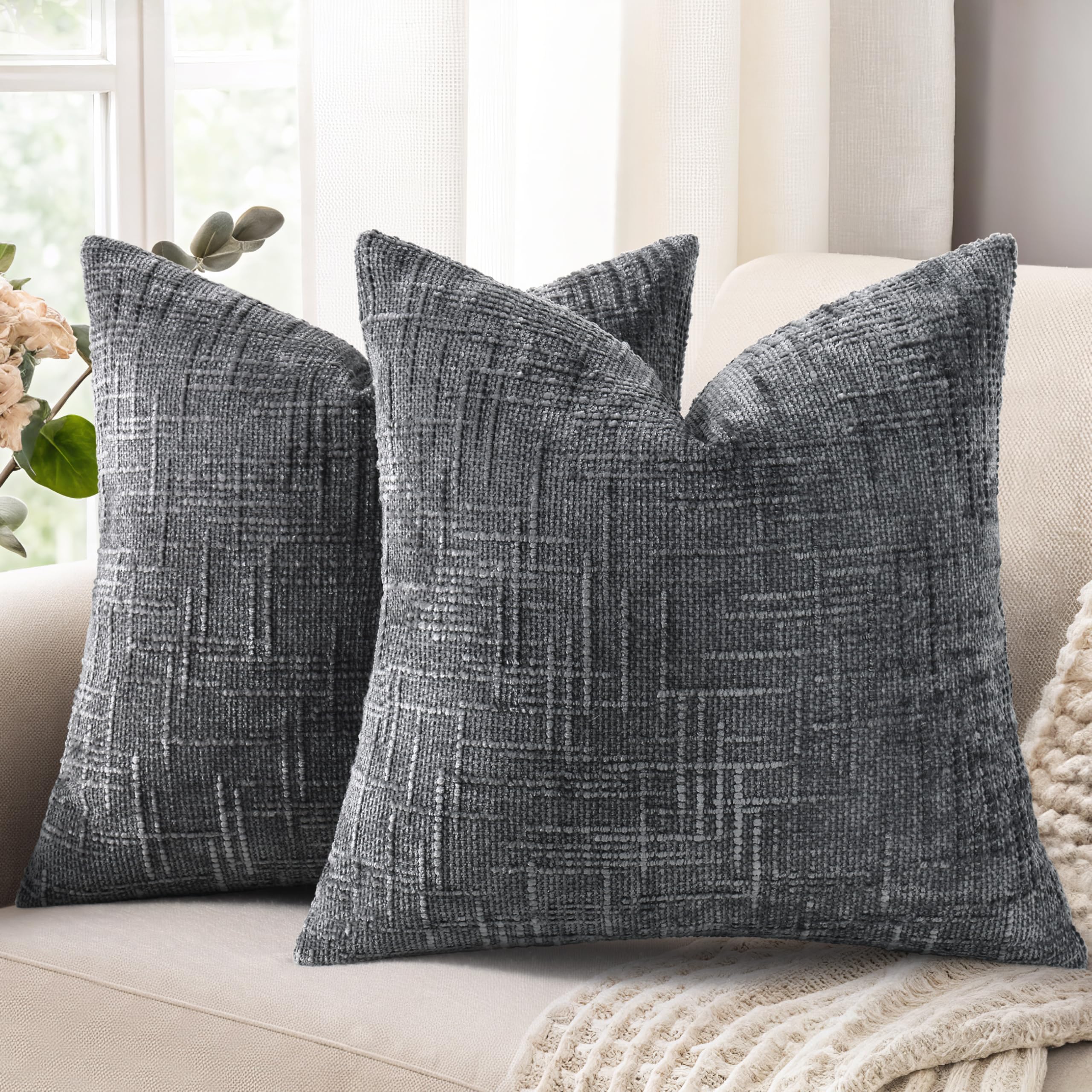 decorUhome Textured Chenille Throw Pillow Covers 22x22 Set of 2 Dark Grey