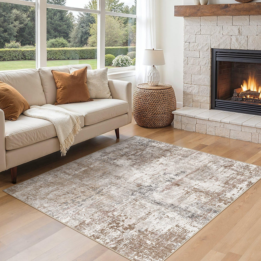 UERMEI Square Area Rugs: Washable 6x6 Neutral Modern Abstract Carpet for Living Room Bedroom - Soft Floor Mat with Non Slip Backing for Kitchen Nursery Dorms Farmhouse Home Decor - Brown/Grey/Red