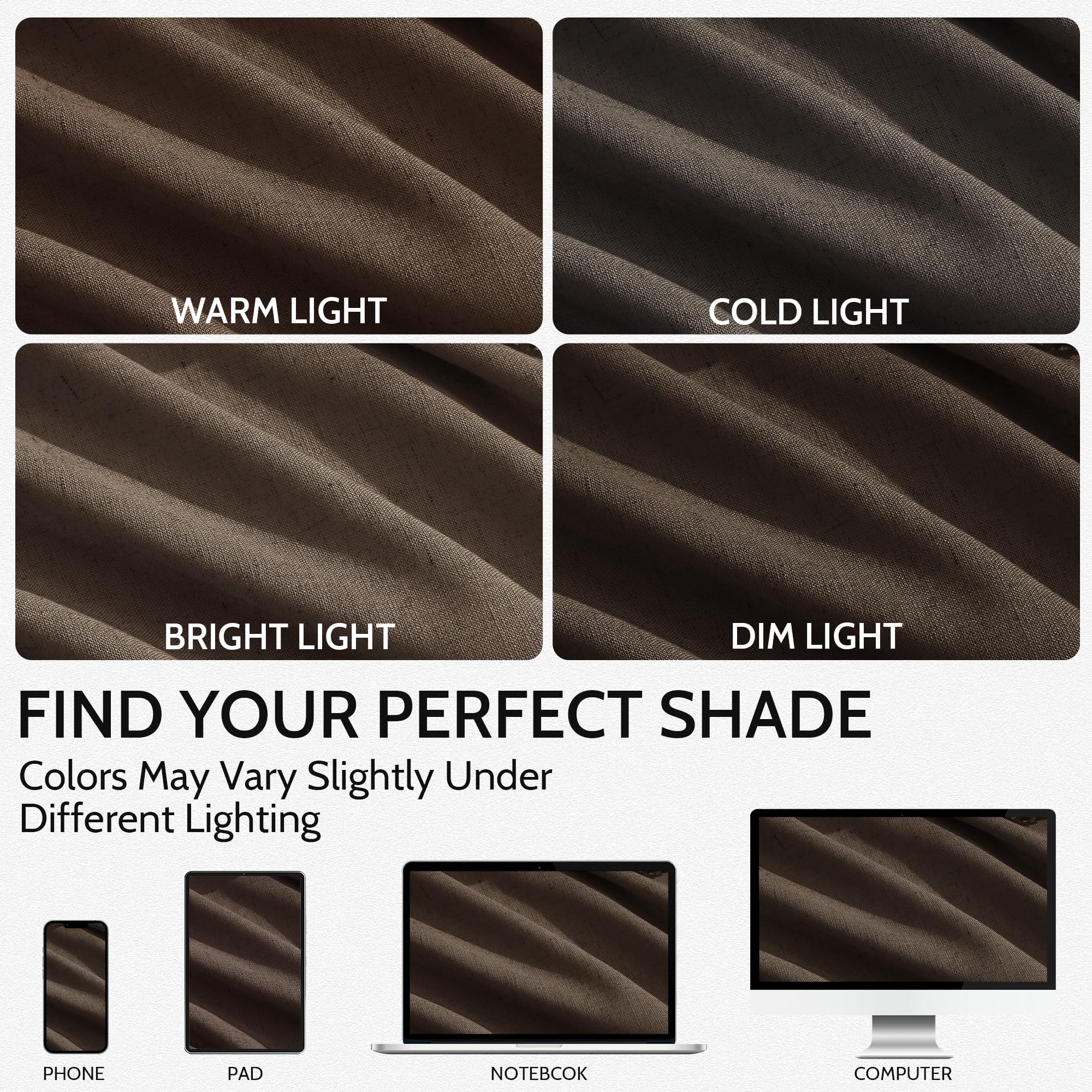 Nanspring Chocolate Linen Blend Light Filtering Back Tab Curtains 96 Inches Long, Semi Sheer Privacy Drapes for Living Room & Bedroom, 52x96 inch, 2 Panels