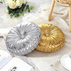 HIG Set of 2 Silver Metallic Leather Decorative Round Pleated Throw Pillows