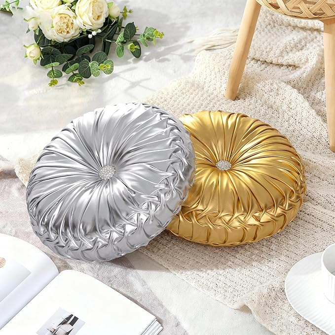 HIG Set of 2 Silver Metallic Leather Decorative Round Pleated Throw Pillows