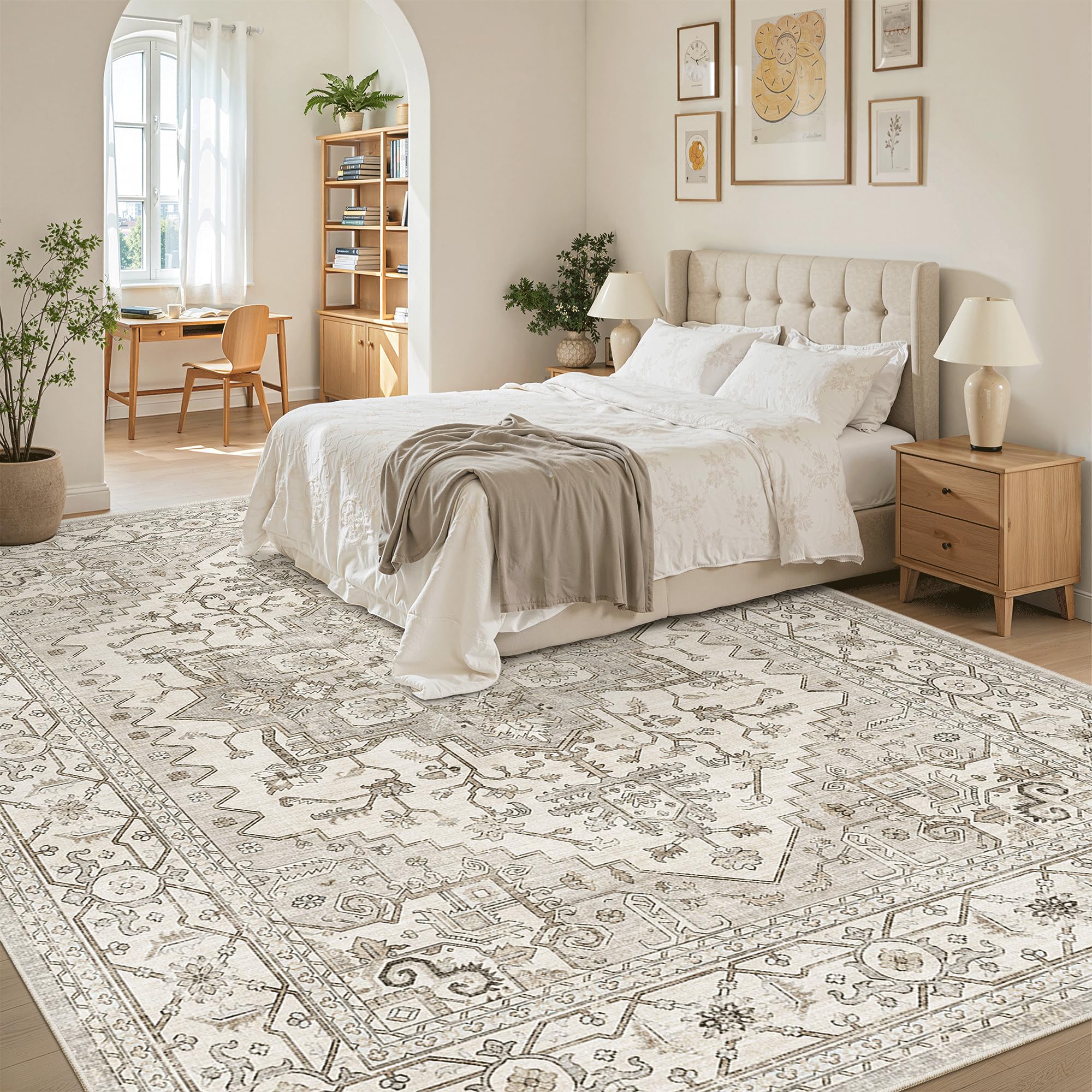 Madane 8x10 Area Rugs for Living Room, Non-Slip Washable Rug, Beige/Brown