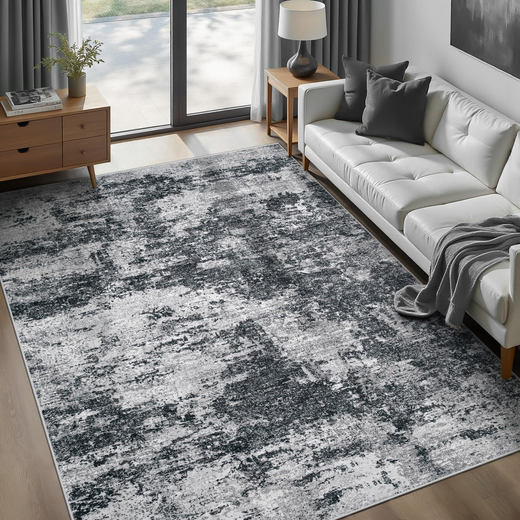 pmtsns Area Rugs 6x9 for Living Room: Washable Rug Modern Abstract Neutral Soft Non-Slip Low-Pile Indoor Carpet for Bedroom Dining Room Playroom Home Office (Black Grey, 6'x9')