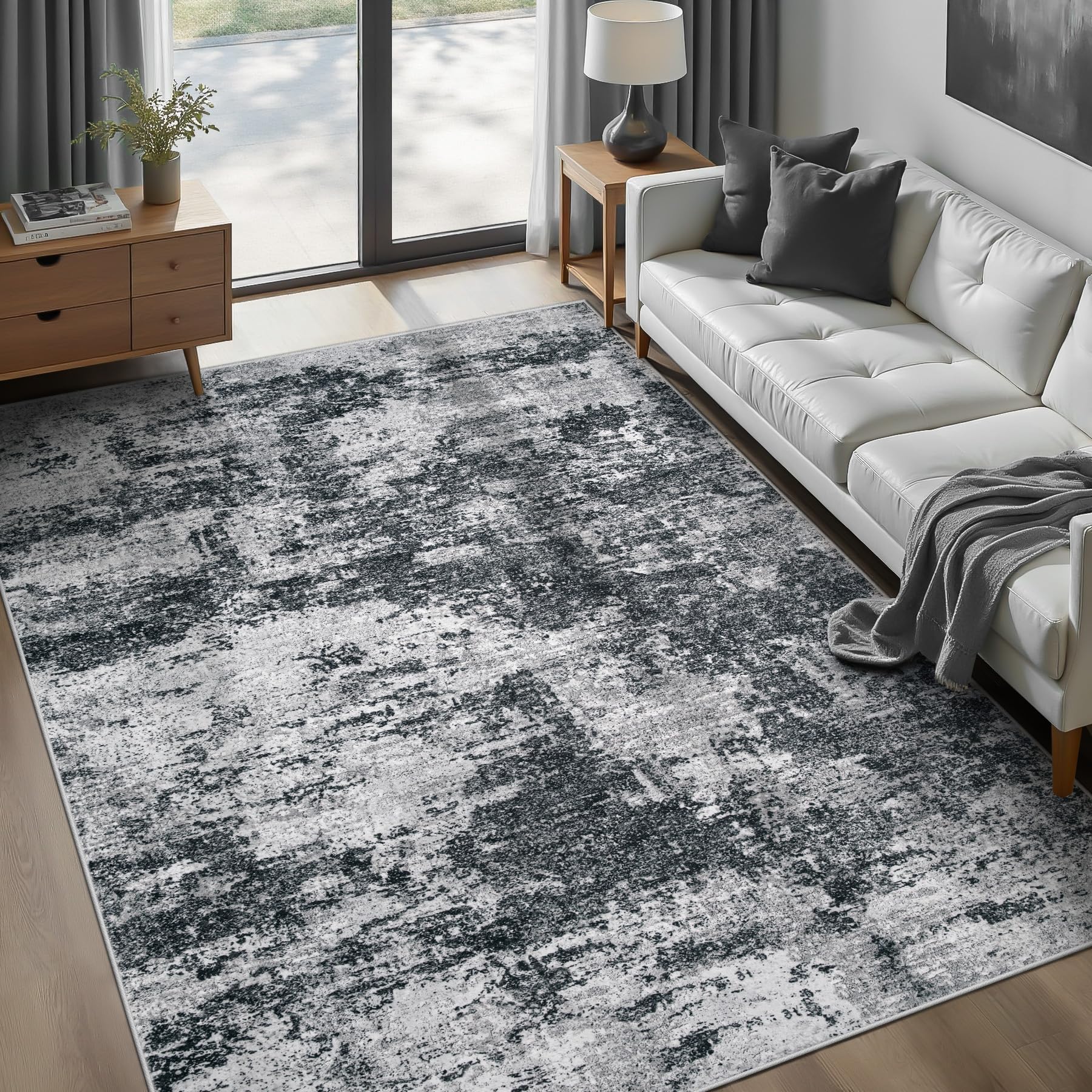 pmtsns Area Rugs 6x9 for Living Room: Washable Rug Modern Abstract Neutral Soft Non-Slip Low-Pile Indoor Carpet for Bedroom Dining Room Playroom Home Office (Black Grey, 6'x9')