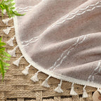 Taupe Boho Blackout Curtains 2 Panels 84 Inch for Living Room Bedroom, Blush Beige Warm Linen Texture Farmhouse Curtains with Tassels and White Cotton Embroidery Vintage Rustic Country Western