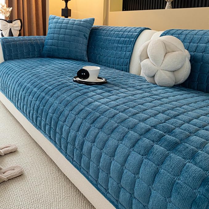 MDSASFD Velvet Couch Cover, Plush Sectional Sofa Cover Washable, Anti Slip Sofa Slipcover for 3 Cushions Sofas, Furniture Protector Covers for Pets & Kids(1PC, Blue, 35.4"×71", 3-Seater)