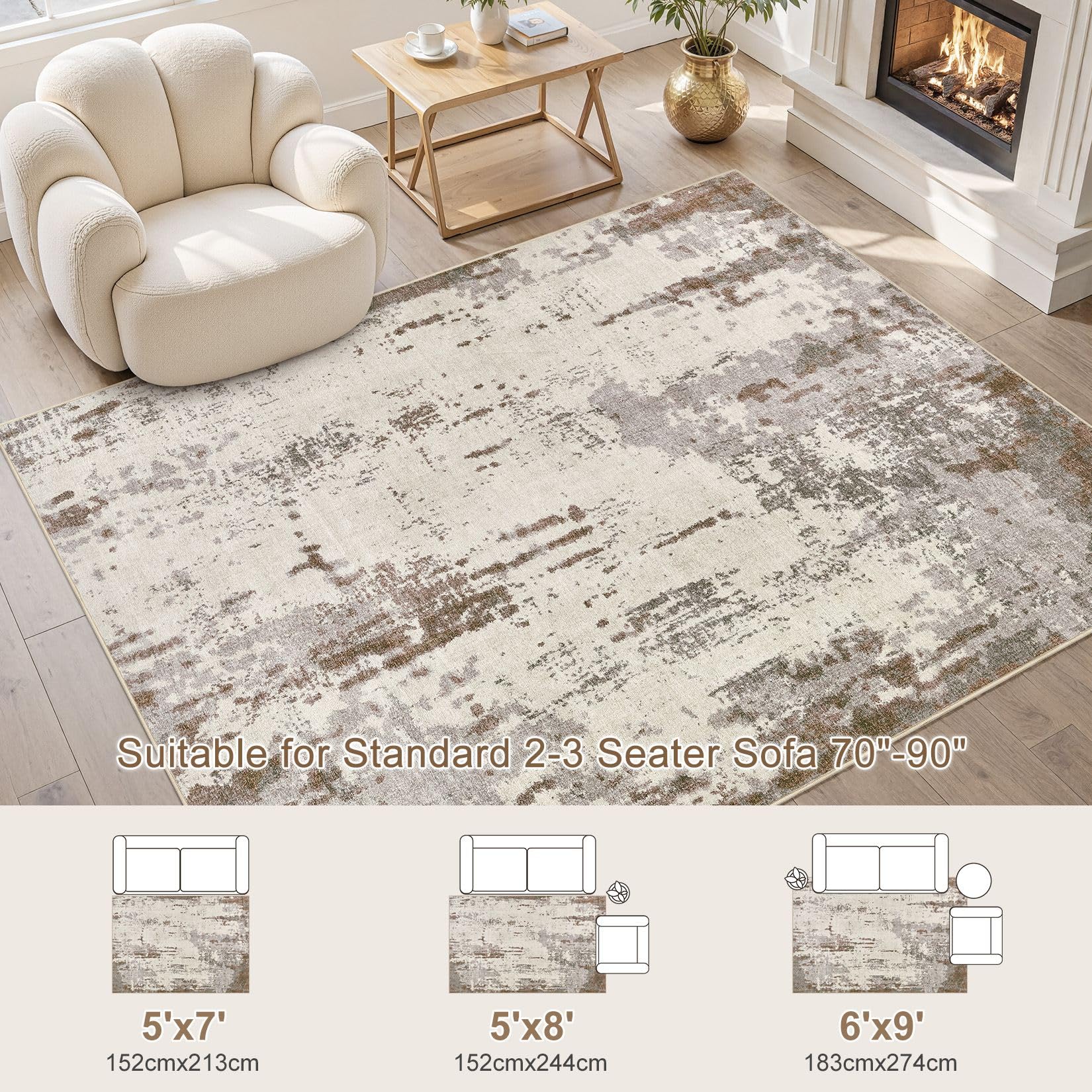 UERMEI 5x7 Area Rug Living Room Rugs - Washable Neutral Modern Abstract Soft Thin Rug Indoor Floor No Slip Rug Carpet for Bedroom Under Dining Table Home Office Decor - Brown/Grey/Beige