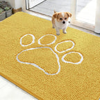 OLANLY Dog Door Mat for Muddy Paws 48x30, Paw Print Design, Absorbs Moisture and Dirt, Absorbent Non-Slip Washable Doormat, Quick Dry Chenille Mud Mat for Dogs, Entry Indoor Entryway Carpet, Yellow