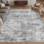 Washable Area Rug 5' x 7' Vintage Traditional Persian Mat - Foldable Distressed Non-Slip Machine Washable Carpet for Living Room Bedroom Kitchen Home Decor - Graphite and Mist