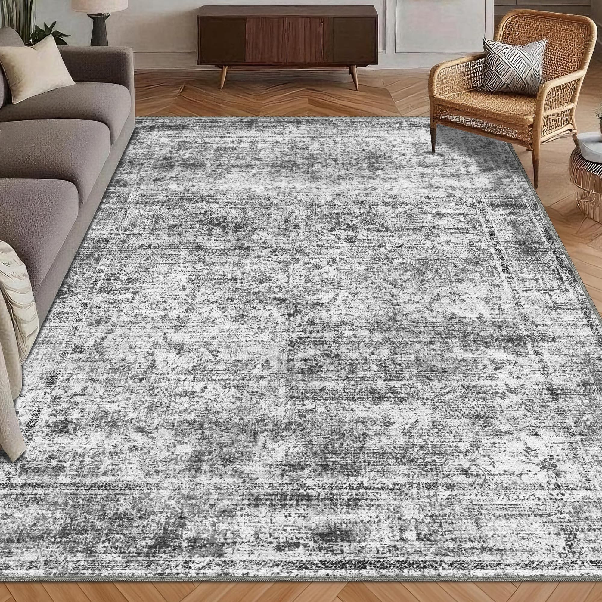 Washable Area Rug 5' x 7' Vintage Traditional Persian Mat - Foldable Distressed Non-Slip Machine Washable Carpet for Living Room Bedroom Kitchen Home Decor - Graphite and Mist