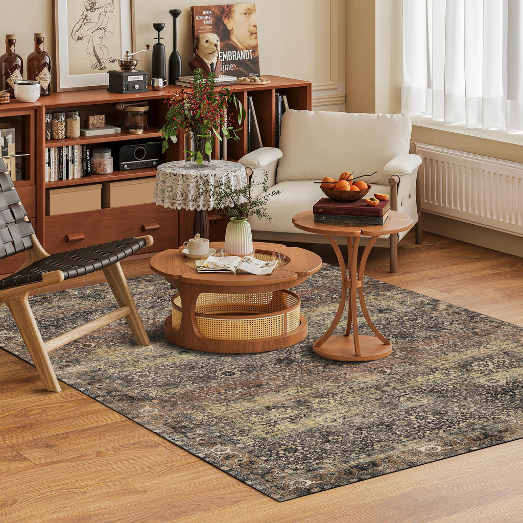 Washable Area Rug 4' x 6' Vintage Traditional Persian Mat - Foldable Distressed Non-Slip Machine Washable Carpet for Living Room Bedroom Kitchen Home Decor - Umber and Slate