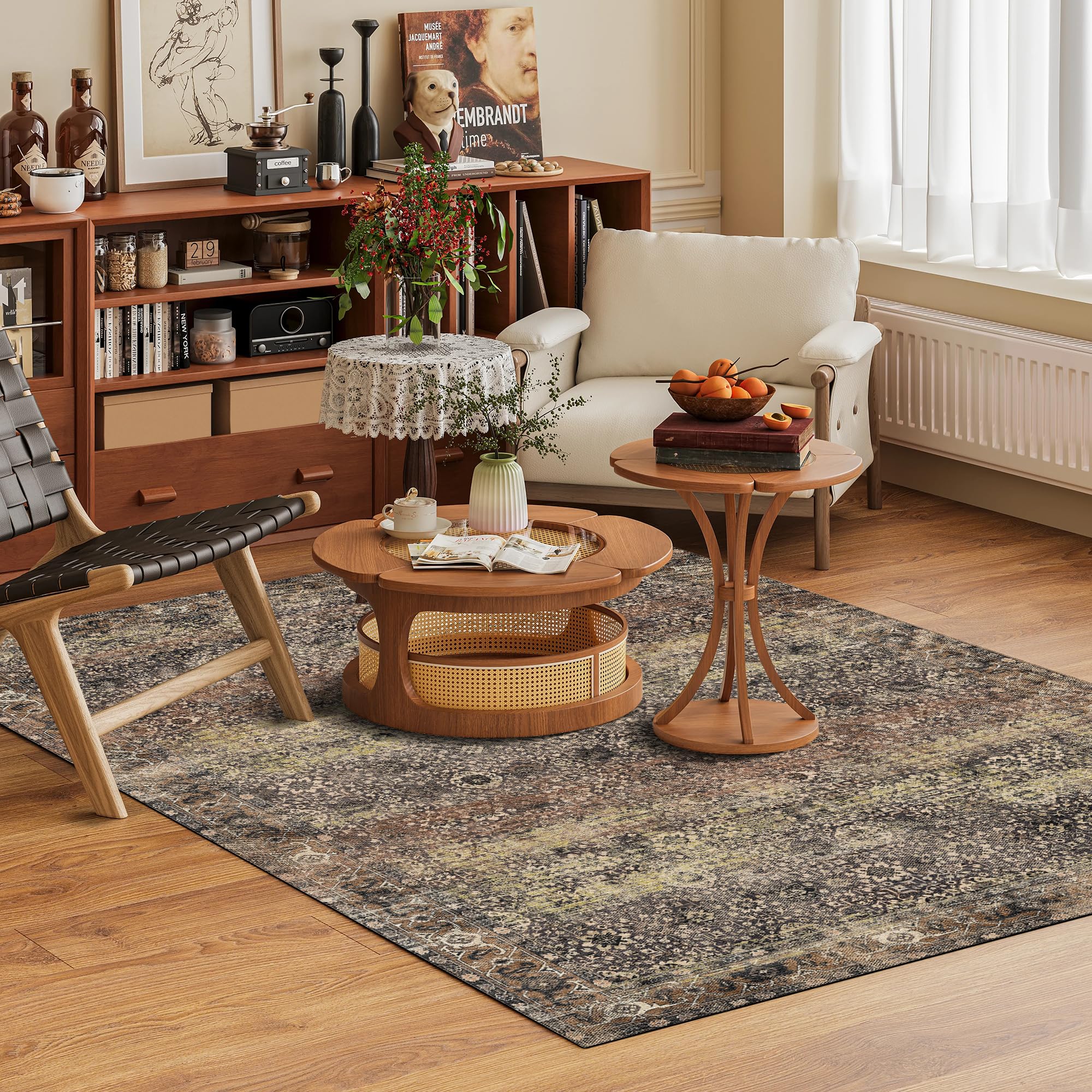Washable Area Rug 4' x 6' Vintage Traditional Persian Mat - Foldable Distressed Non-Slip Machine Washable Carpet for Living Room Bedroom Kitchen Home Decor - Umber and Slate