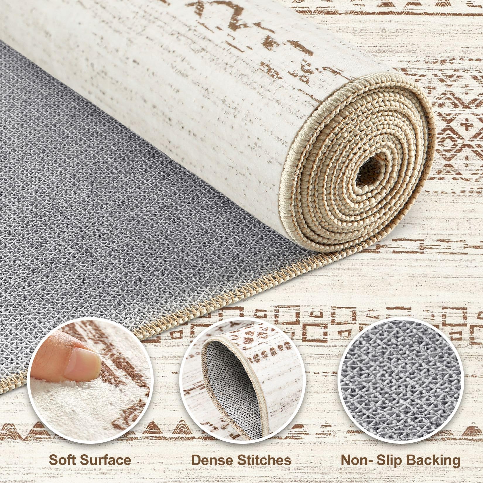 Nakagishi Round Rug Boho Area Rugs: 6x6 Washable Large Circle Neutral Soft Stain Resistant Non-Slip Carpet for Women Aged 25-45 Farmhouse Decor Enthusiasts - Living Room Bedroom Dining Room Nursery