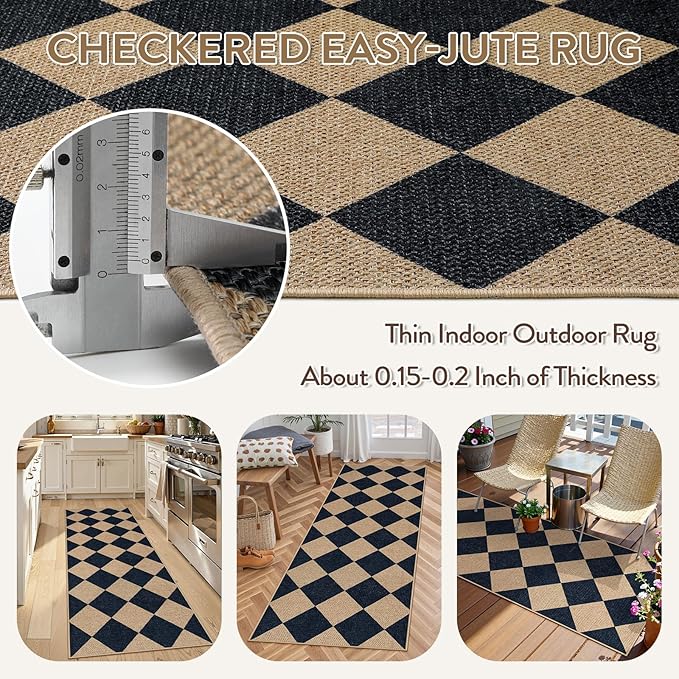 Lahome Checkered Easy Jute Non Slip Runner Rug, 2x6 Kitchen Runner Rug Washable Outdoor Rug for Entryway Indoor, Checkerboard Black Indoor Outdoor Carpet for Hallway 6ft Entry Front Door