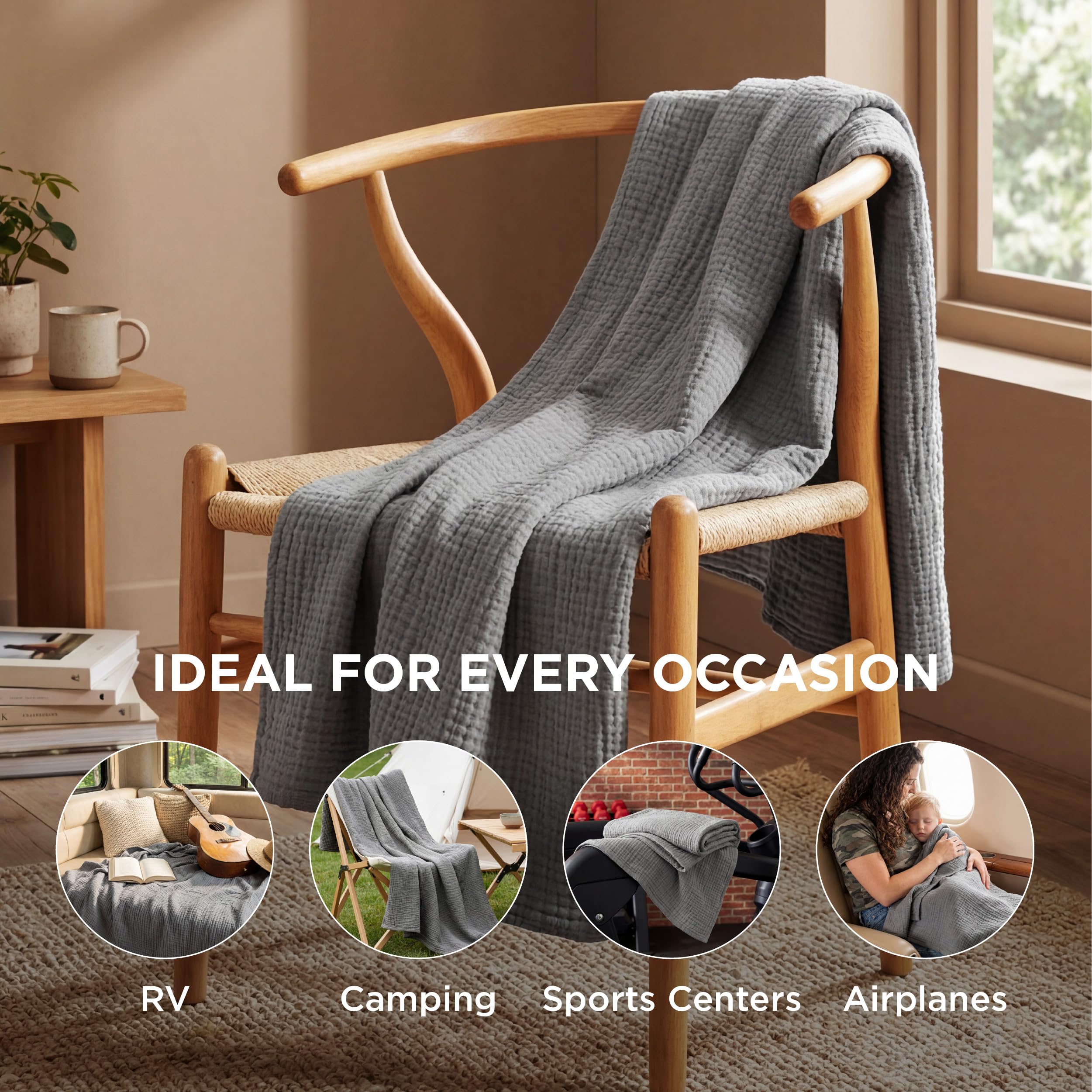 Bedsure 100% Cotton Muslin Throw Blanket Twin XL for Bed - 4-Layer Breathable and Lightweight Soft Gauze Muslin Blankets for Adults, PureWoven Thin Summer Blanket for College Dorm, Grey, 66x90 Inches