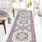 OPPODREAM Soft Entryway Rug 2x8, 2x8 Rug Runner, Washable Hallways Carpet 2 x 8 with Non Slip Backing, Low-Pile Bedside Carpet 2 x 8, Long, Faux Cashmere, Red & Grey