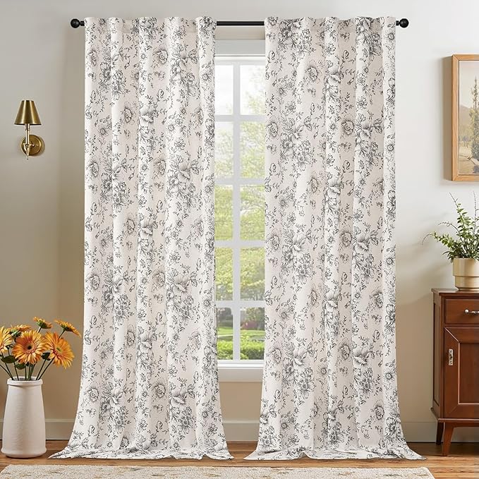 jinchan Vintage Floral Linen Curtains 102 Long for Living Room 2 Panels