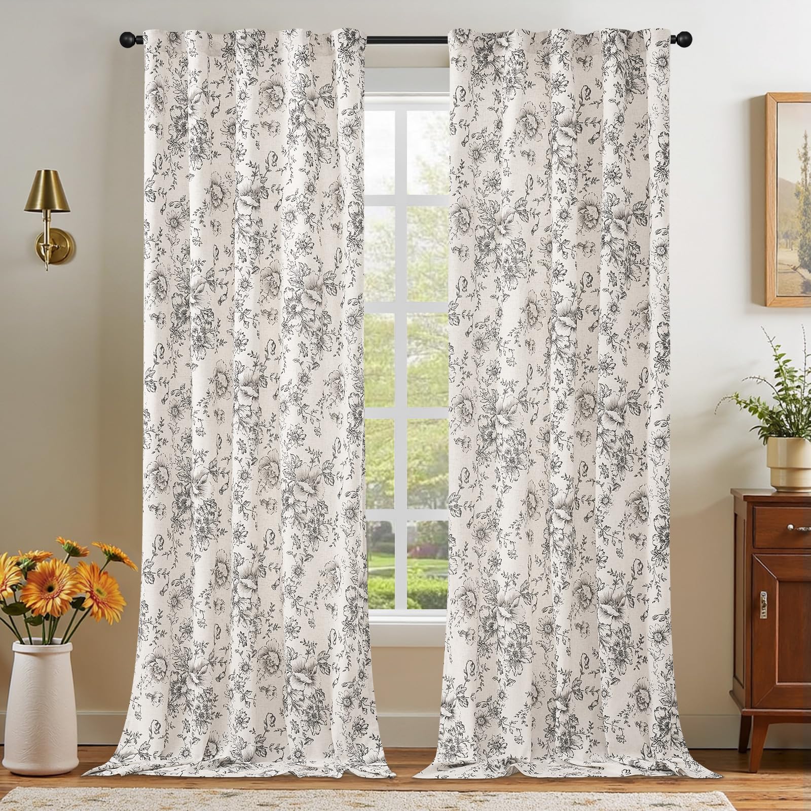 jinchan Vintage Floral Linen Curtains 102 Long for Living Room 2 Panels