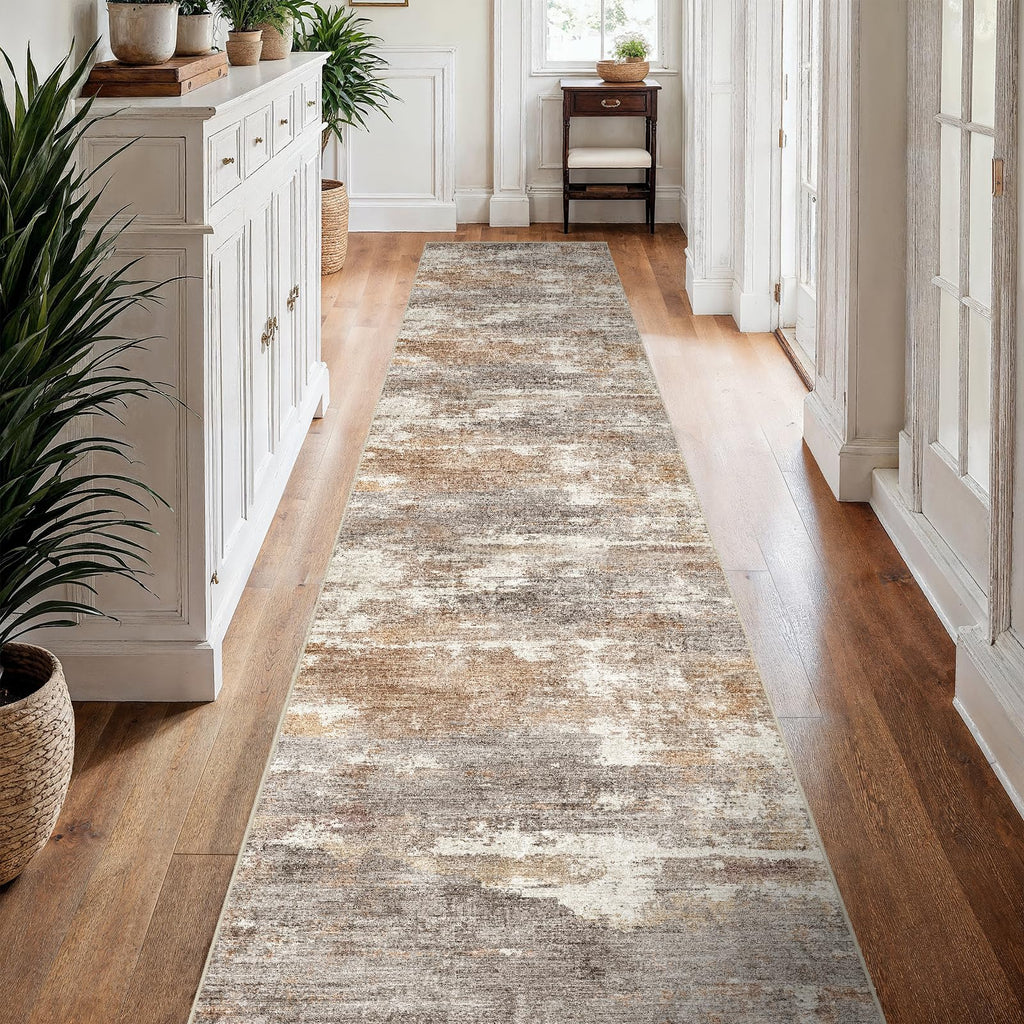 3x15 Runner Rug Washable Abstract: Non Slip Hallway Floor Mat Brown/Brick
