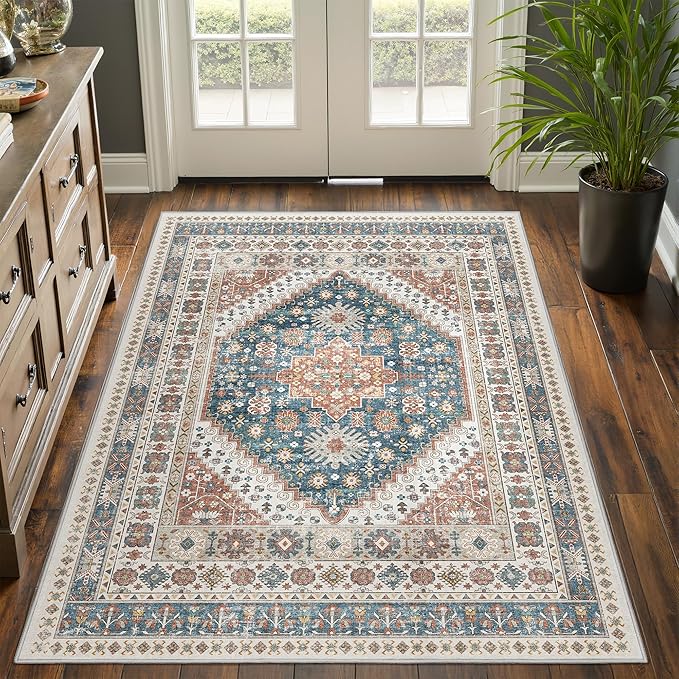 Restydon 3x5 Washable Area Rug for Entryway Non Slip Kitchen Rugs, Blue/Red