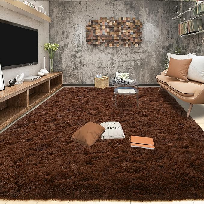 Tepook 5x8 Brown Area Rugs for Living Room Bedroom, Soft Fluffy Plush Shaggy Girls Boys Kids Room Rug, Shag Upgrade Non-Slip Throw Carpet for Dorms Nursery Classroom Home Decor