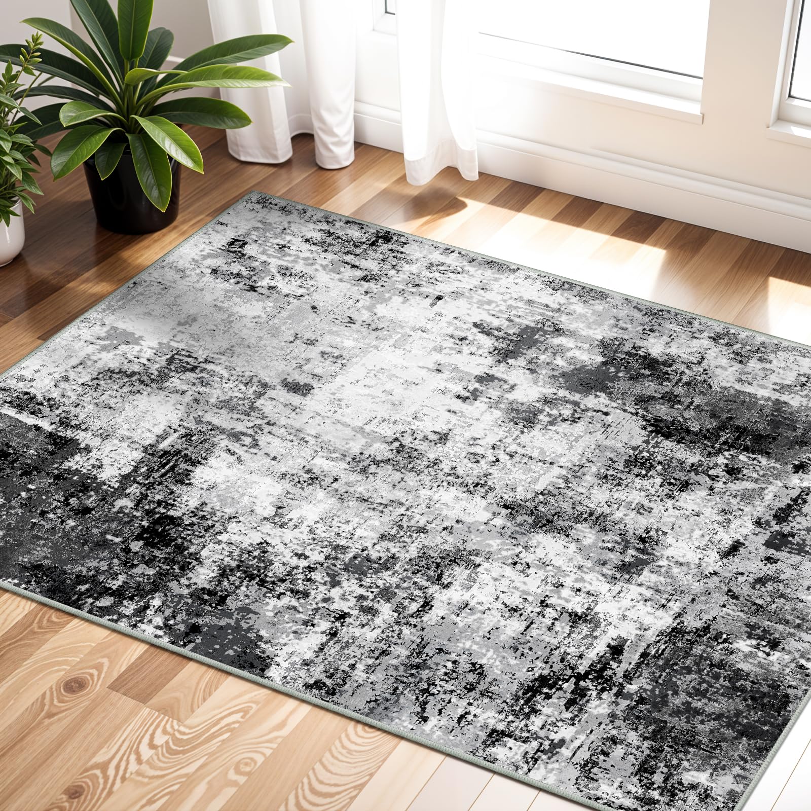 WIEVEDENS 2x3 Small Washable Area Rug: Non-Slip Indoor Door Mat for Entrance Doorway Kitchen Bedroom Living Room - Abstract Farmhouse Throw Rug for Modern Home Decor Black Grey