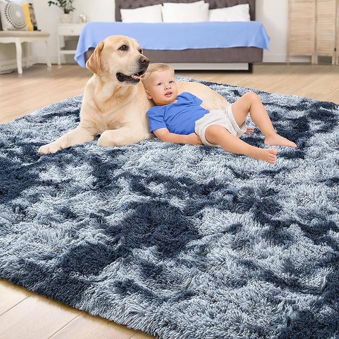 Tepook Fluffy Large Rugs for Living Room, Area Rug 6x9 Soft Carpet for Bedroom, Modern Shaggy Rug for Kids Boys Girls, Plush Indoor Nursery Home Decor Rug with Non-Slip Bottom, Tie-dye Dark Blue