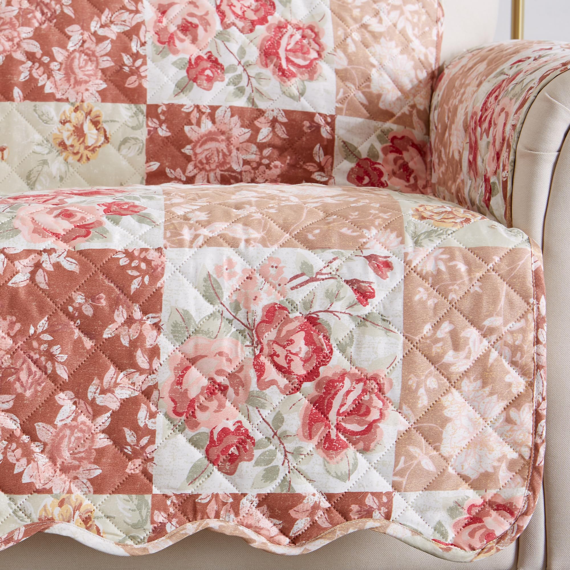 Great Bay Home Reversible Floral Patchwork Sofa Furniture Protector - Machine Washable, Scalloped Edge, Stain Resistant, Printed Furniture Cover for Dogs, Kids, and Pets (Burgundy/Taupe)