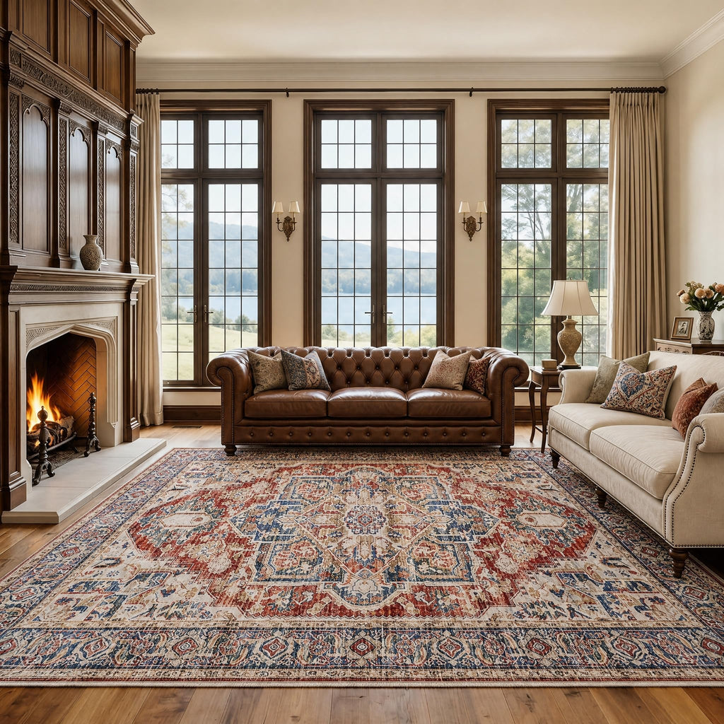 AMADA HOMEFURNISHING 9x12 Washable Area Rug, Low-Profile Large Area Rug with Non-Slip Backing & Durable Edge Binding, Vintage Large Rugs for Living Room, Bedroom & Dinning Room