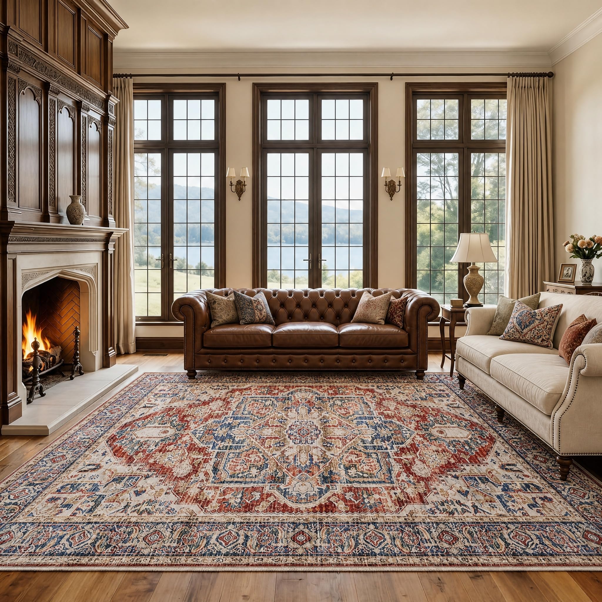 AMADA HOMEFURNISHING 9x12 Washable Area Rug, Low-Profile Large Area Rug with Non-Slip Backing & Durable Edge Binding, Vintage Large Rugs for Living Room, Bedroom & Dinning Room