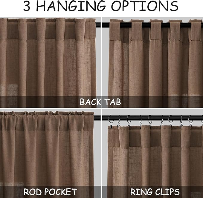 Nanspring Caramel Brown Linen Curtains 63 Inches Length 2 Panels Set for Living Room Back Tab Pocket Light Filtering Semi Sheer Drapes Elegant Farmhouse Cotton Linen Textured Window Curtain 52X63