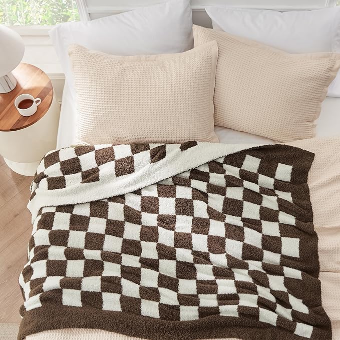 Bedsure GentleSoft Checkered Throw Blanket for Couch - Super Soft Cozy & Warm Knit Brown Blanket, Breathable, Lightweight & Fluffy Plaid Blankets for Bed,Sofa, Gifts for Women Men, 50x60 Inches