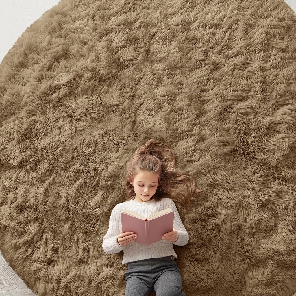OLANLY Taupe Round Rugs for Bedroom - Machine Washable, 9 ft Circle Area Rugs for Living Room, Soft and Fluffy Shaggy Carpet for Teen Girl and Boys, Nursery Rooms, Dorms, Home Decor Aesthetic