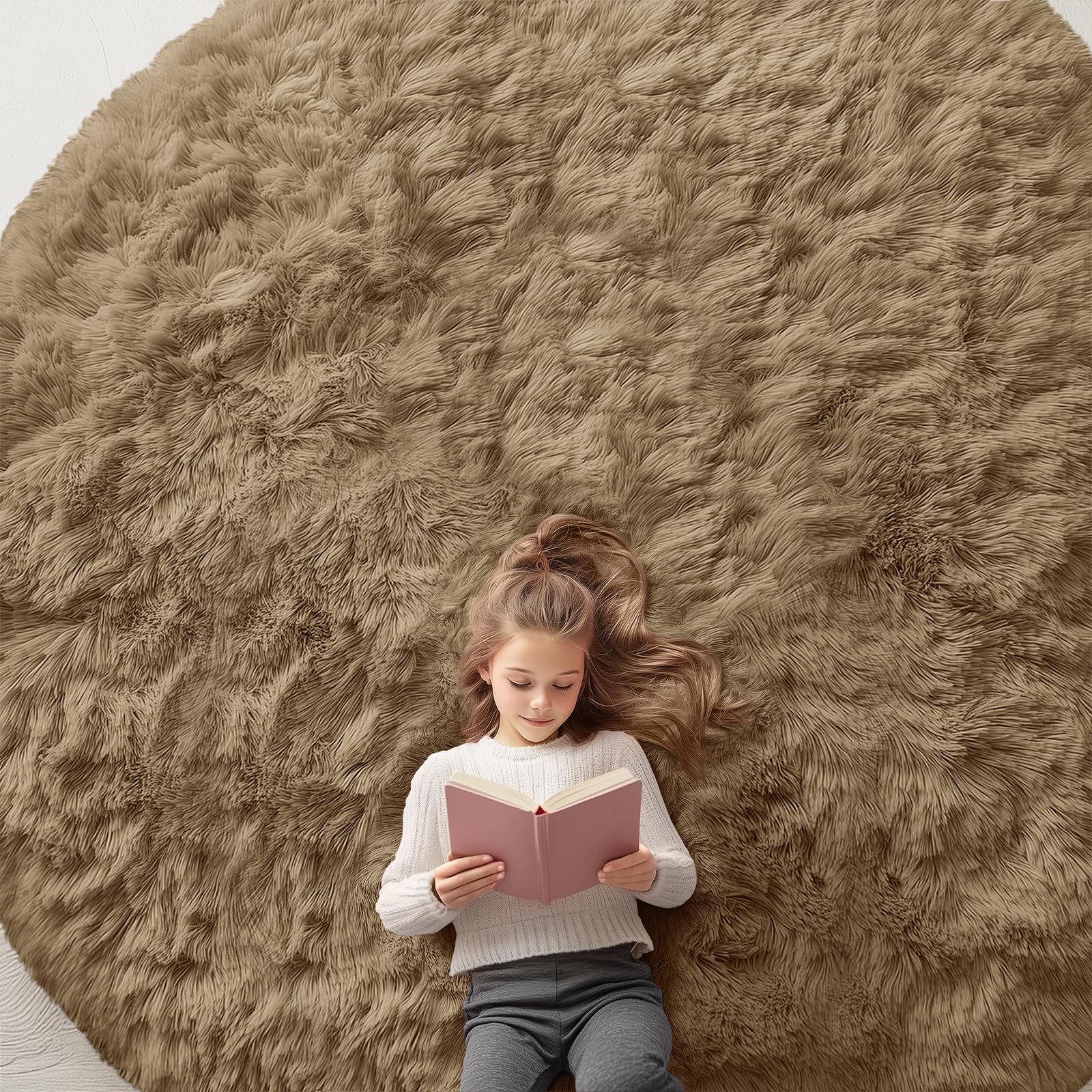 OLANLY Taupe Round Rugs for Bedroom - Machine Washable, 9 ft Circle Area Rugs for Living Room, Soft and Fluffy Shaggy Carpet for Teen Girl and Boys, Nursery Rooms, Dorms, Home Decor Aesthetic