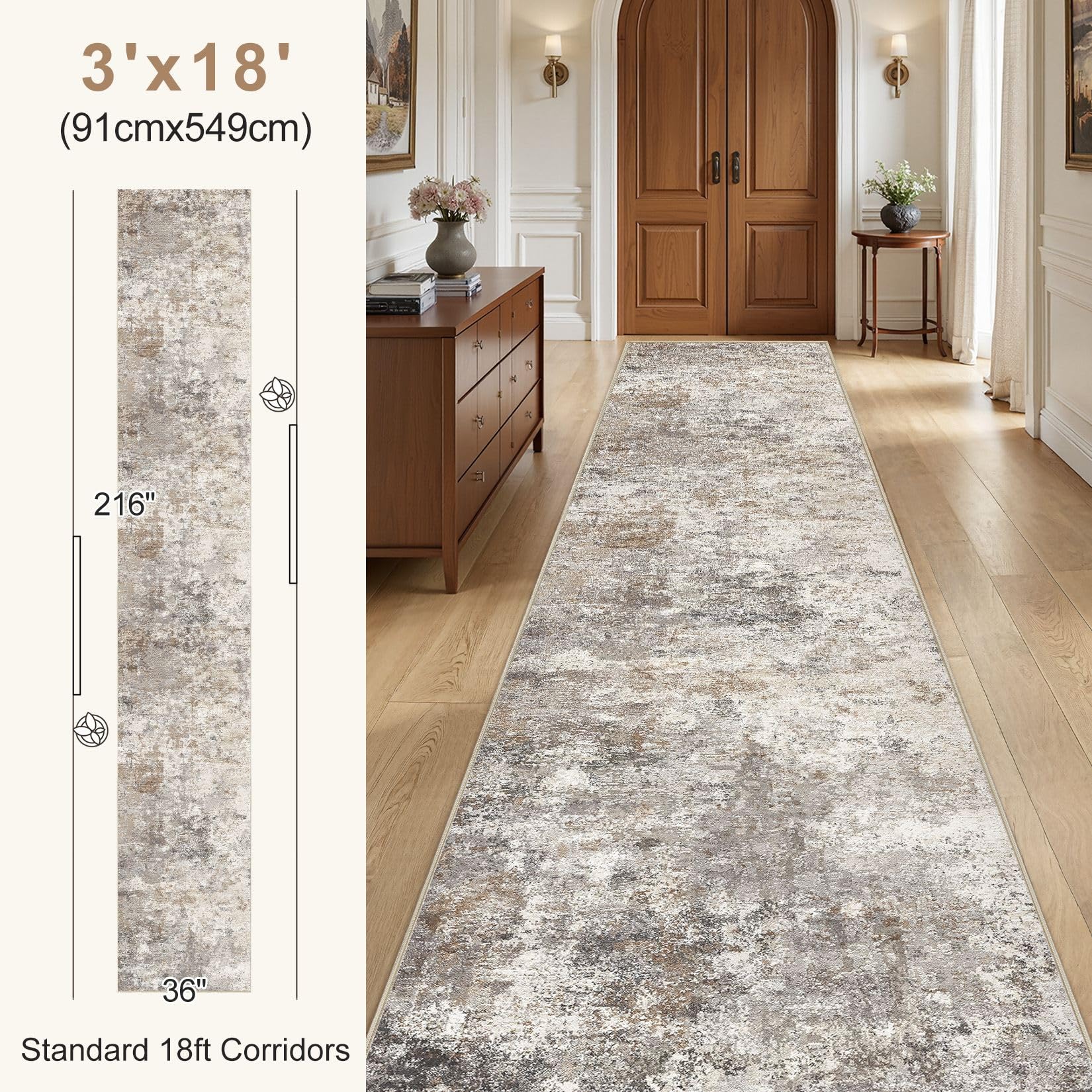 UERMEI 3x18 Washable Runner Rug for Hallway, Non Slip Low Pile Kitchen Carpet, Neutral Modern Abstract Indoor Floor Mat for Entryway Laundry, Kid & Pet Safe High Traffic Area, Brown Grey