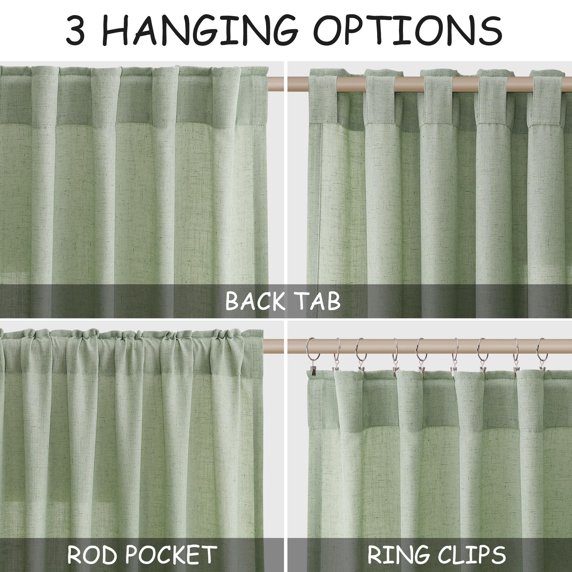Nanspring Mist Sage Linen Curtains Semi Sheer 96 Inches Long 2 Panels Set for Living Room Back Tab Rod Pocket Light Filtering Drape for Bedroom Modern Farmhouse Coastal Decor Protect Privacy 52x96
