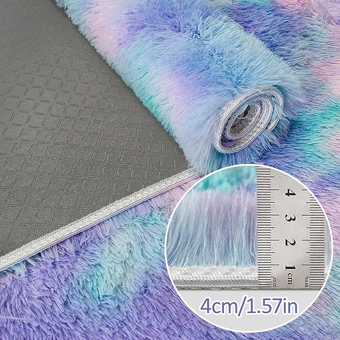 Super Soft Fluffy Living Room Area Rug 2x8 ft Purple Rainbow Tie-Dyed Shaggy Furry Carpet Washable Non-Slip Carpets Bedroom Bedside Nursery Rug Cute Colorful Room Decor for Girls