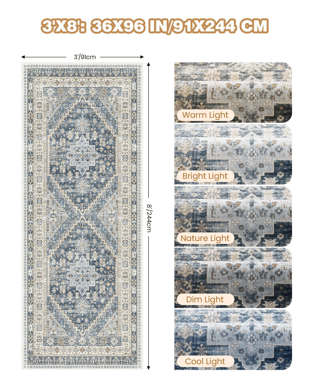 Restydon 3x8 Runner Rug Non Slip Washable Rugs for Entryway, Blue/Beige