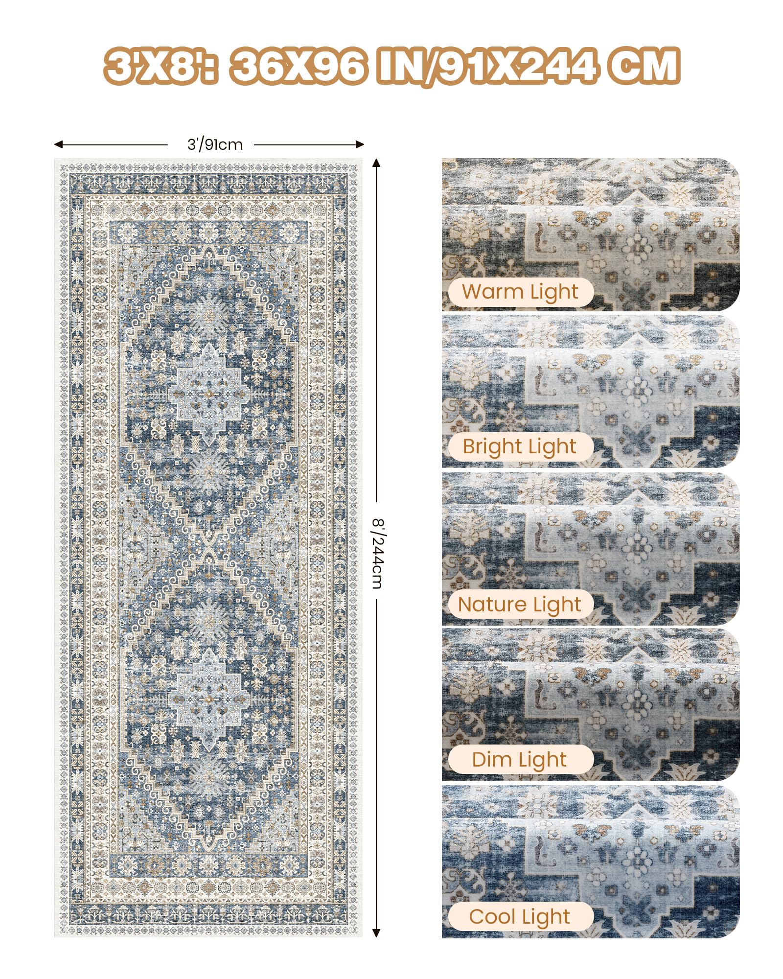 Restydon 3x8 Runner Rug Non Slip Washable Rugs for Entryway, Blue/Beige