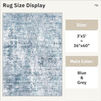 3x5 Rug, Small Area for Kitchen, Entryway, Machine Washable Non-Slip Throw Rug, Vintage Carpet for Nursery Coffee Table Blue